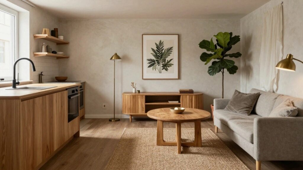 19 Cozy Basement Apartment Ideas With Practical Style Open-plan interior with light oak kitchen cabinets and shelves, gray linen sofa, wooden oval coffee table and round dining table, neutral walls, beige rug, potted plants, and a large palm leaf artwork.
