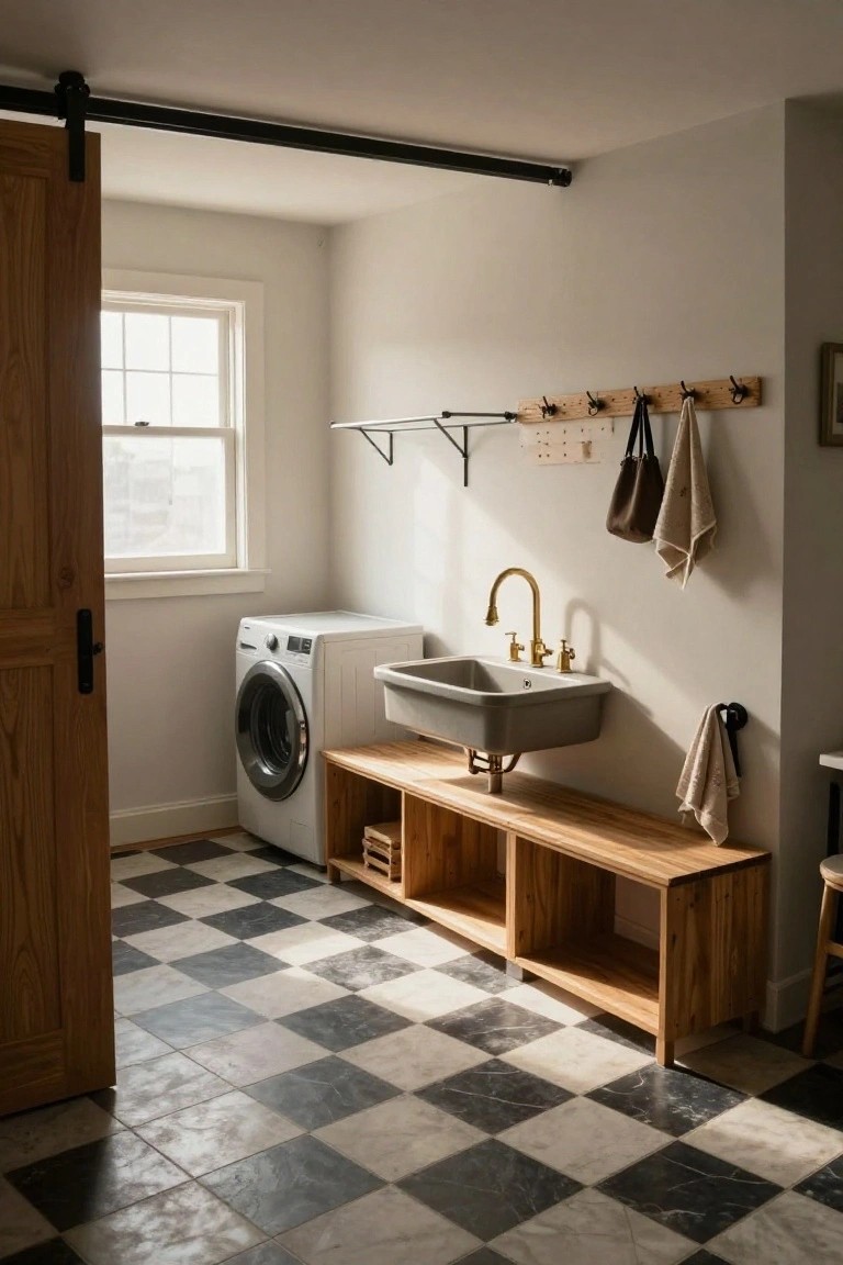 Interior photo of a small laundry room featuring a white front-loading washer, gray farmhouse sink with gold faucet, wooden bench with open shelves beside the washer, checkered black-and-white tile floor, and towels hanging on wooden hooks and a shelf.