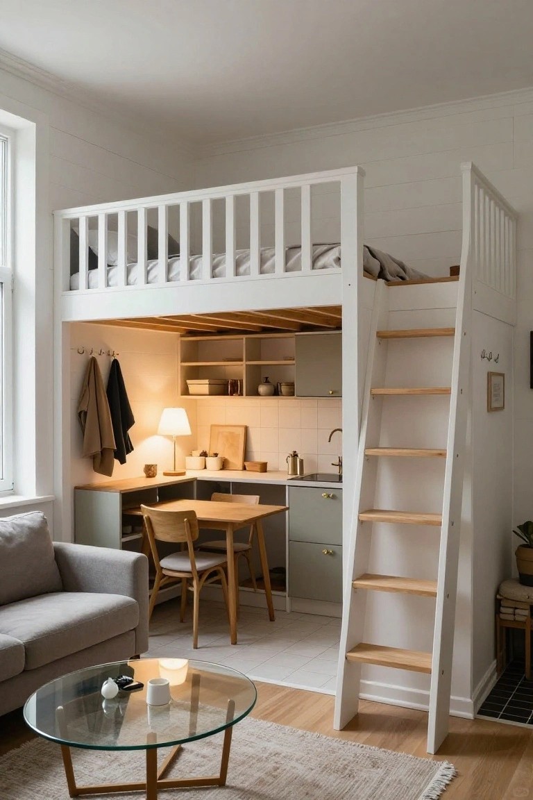 Small white loft bed with wooden staircase shelves above a compact gray kitchenette, wooden table and chairs, gray sofa, and glass coffee table in a light wood-floored apartment.