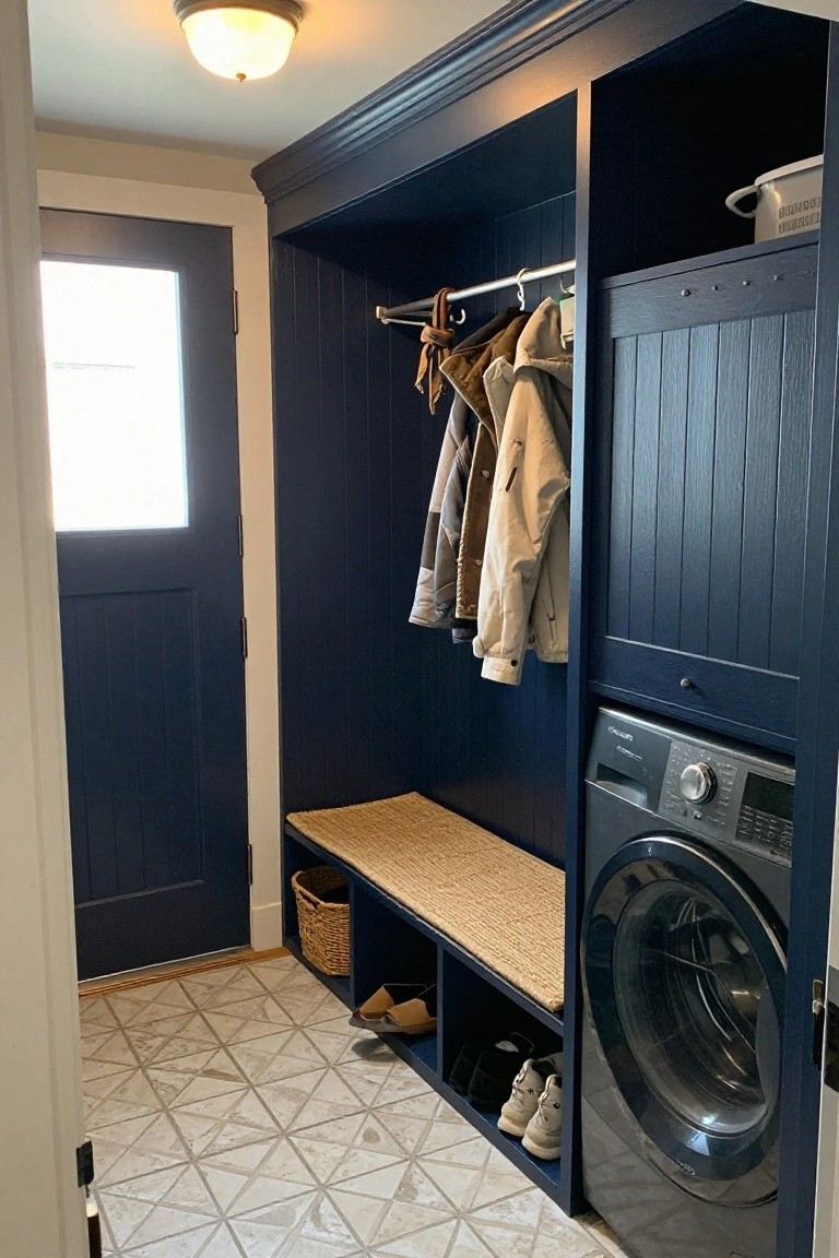 Navy paneled built-in cabinets in a mudroom with hanging coats on hooks, a bench with seagrass seat and basket underneath, shoes in cubbies, and a washer dryer stacked nearby beside a blue door on a tiled floor.