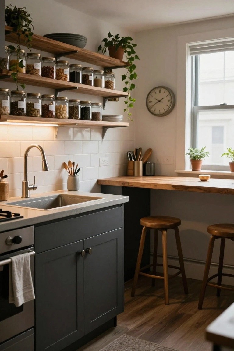 A small kitchen with dark lower cabinets, wooden countertop and open shelves stocked with glass jars of nuts and grains plus hanging plants, a sink, stove, utensils, and two wooden bar stools.