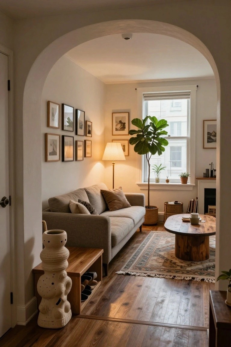 Arched doorway framing a cozy living room with beige sofa, large potted fiddle leaf fig plant by the window, gallery wall of framed artwork, wood coffee table on a patterned rug, and hardwood floors.