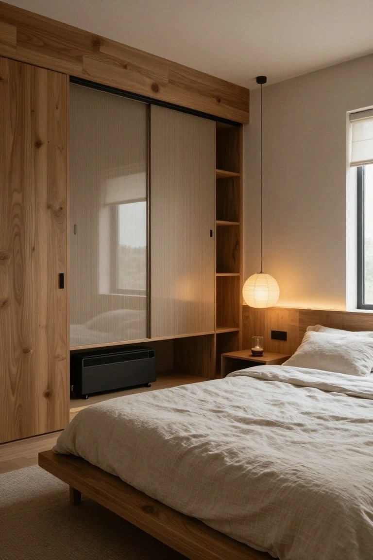 A bedroom with tall wooden built-in wardrobes featuring frosted glass sliding doors next to a low wooden platform bed covered in white linen sheets, a wooden bedside table with a candle, and a hanging paper lantern lamp.