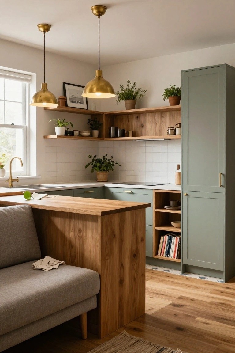 A compact kitchen with sage green cabinets, oak wood countertop extending into a built-in bench seating area, brass pendant lights, open wood shelving with plants and dishes, white subway tile backsplash, and hardwood floors.