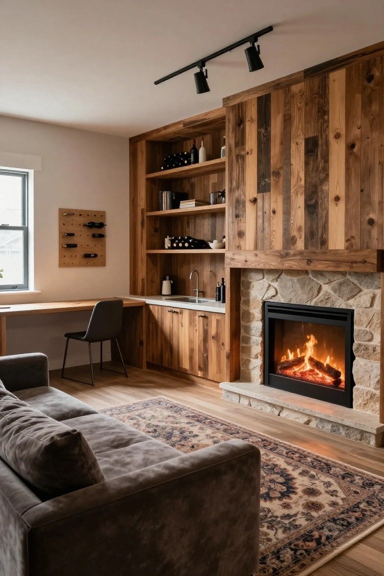 Cozy basement room with vertical wood plank walls, built-in shelves holding wine bottles and books, stone fireplace with gas flames, wooden desk and sink bar area, gray upholstered chair, and gray sofa on patterned rug.