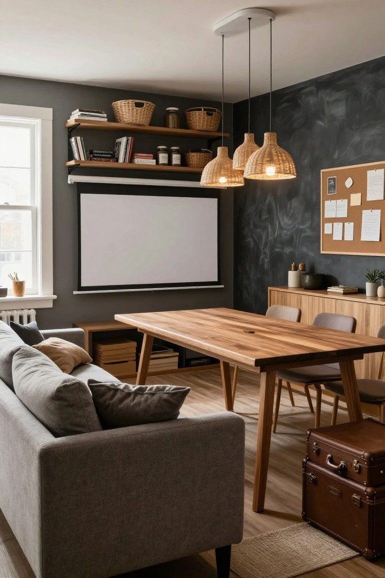 Cozy interior room with long wooden dining table and chairs, gray sofa with pillows, rattan pendant lights, projector screen on dark wall, wooden shelves with baskets and jars, corkboard, plants, and radiator near window.