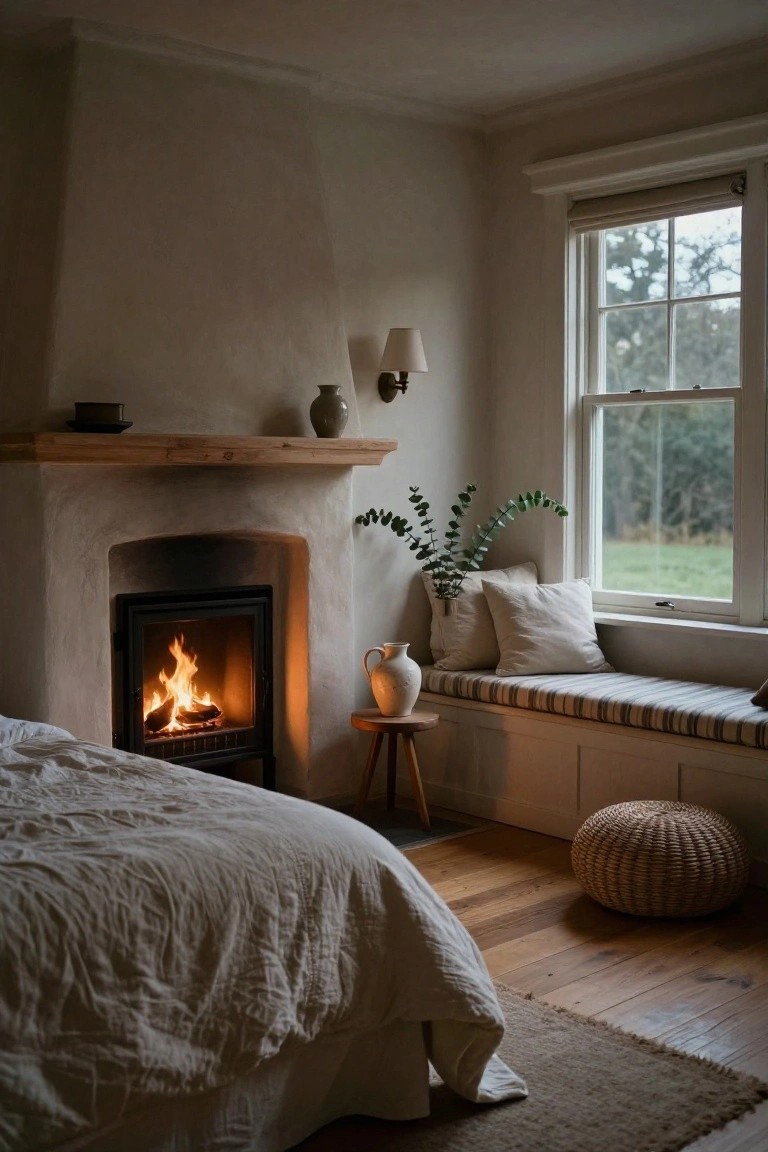 Cozy bedroom interior with a lit fireplace in a white plaster archway, wooden mantel shelf holding pottery and plants, white bed with rumpled linens, built-in window seat with striped cushion and pillows, wooden stool, rattan pouf, and hardwood floors.