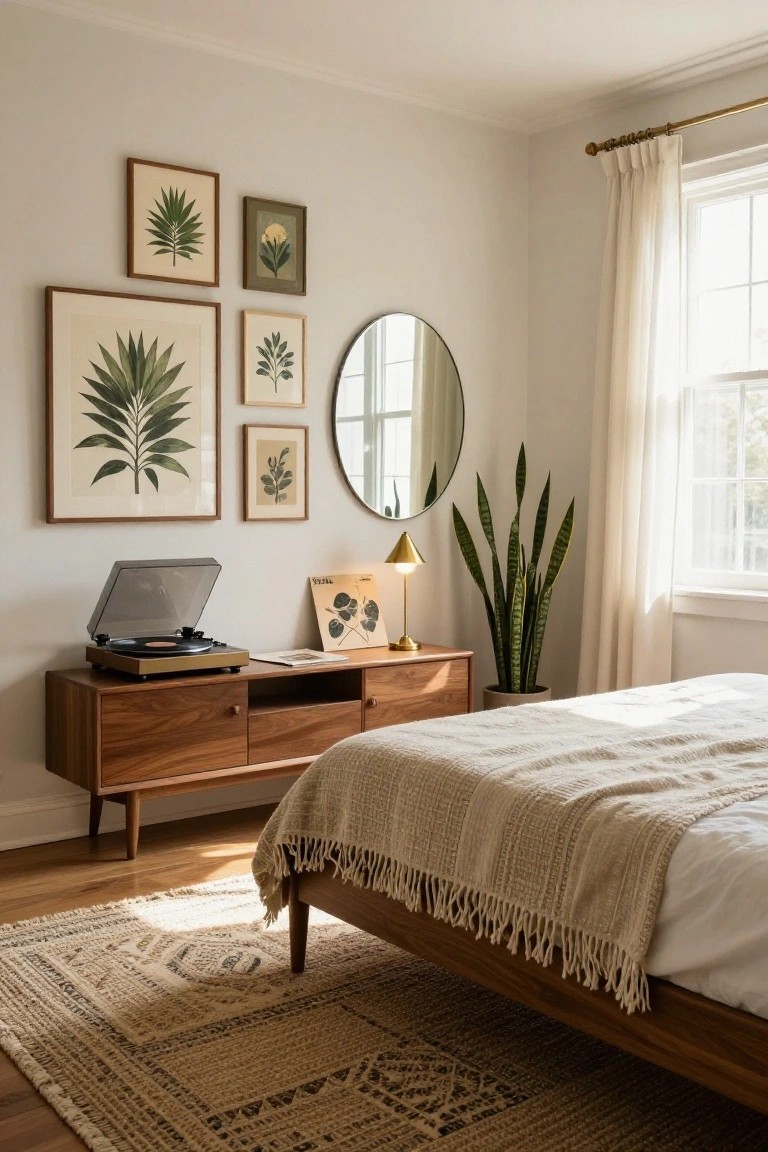 Bedroom corner with wooden credenza holding record player, lamp, and records, assorted framed botanical leaf prints on wall, round mirror, tall snake plant in pot, bed with beige fringed throw, sheer curtains on window, light wood floor with rug.