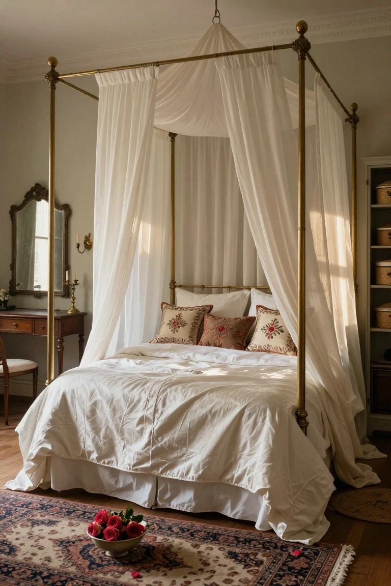 A bedroom interior with a brass four-poster bed draped in sheer white canopy curtains, white bedding, patterned pillows, a wooden vanity with mirror, candleholders, and a bowl of red roses on a Persian rug before it.