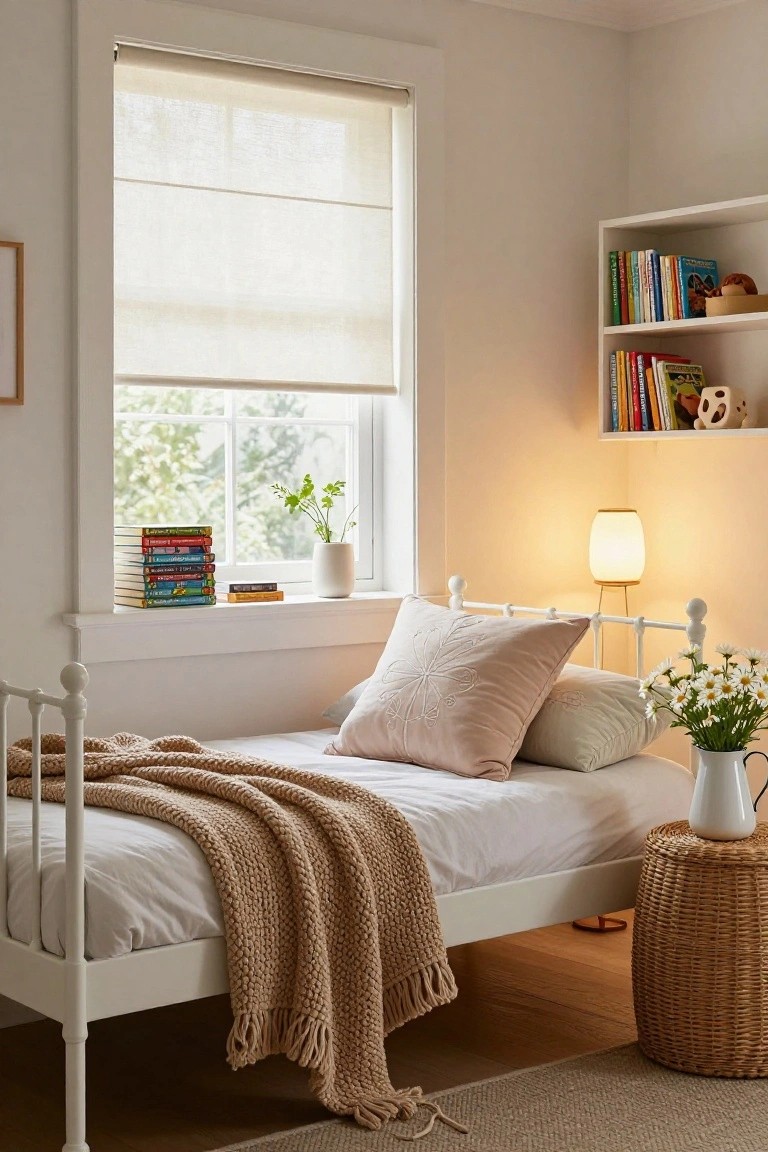 A small white metal bed in a light bedroom with a beige fringed knit throw draped over white sheets, books stacked on the windowsill, a vase of daisies on a wicker side table, and shelves of colorful books nearby.