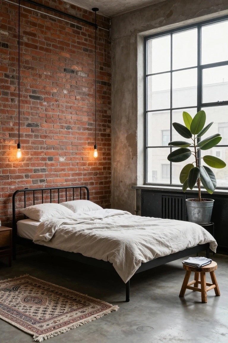 A cozy bedroom with a black metal bedframe and white linen bedding set against an exposed red brick wall, two hanging warm bulb pendant lights, a tall potted plant by large metal-framed windows, a wooden nightstand, small wooden stool, and patterned rug on a concrete floor.