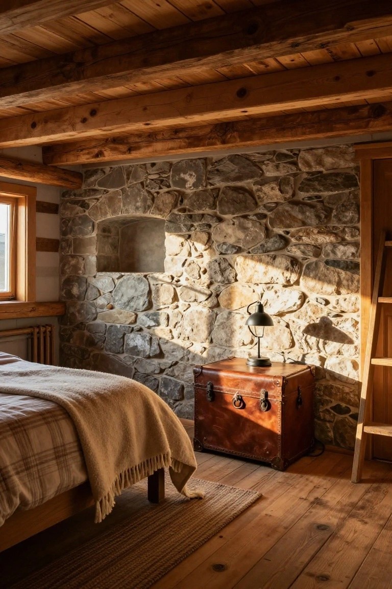 Bedroom interior featuring exposed dark wooden beams on the ceiling, rough stone wall with arched niche, wooden bed with beige throw and plaid sheets, red leather trunk with black lamp beside it, wooden ladder shelf, and hardwood floor.