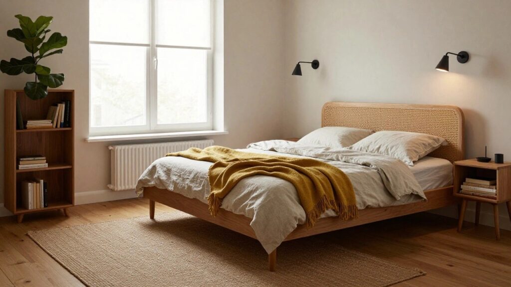 A sunlit bedroom corner with a low wooden bed frame and rattan headboard, white linen bedding draped with a yellow throw, wooden nightstand, wall shelves holding books, potted fiddle leaf fig plant by a window with beige curtains, and seagrass rug on oak floors.
