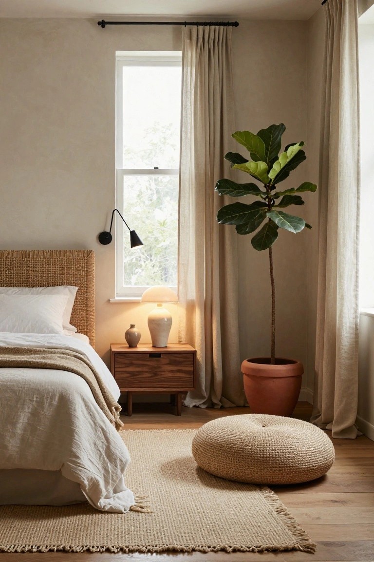 Bedroom interior featuring a rattan headboard on a bed with white linens and tan throw, wooden nightstand with ceramic lamps and vase, large ficus tree in terracotta pot, beige linen curtains on a window, jute rug, woven pouf, and hardwood floors.