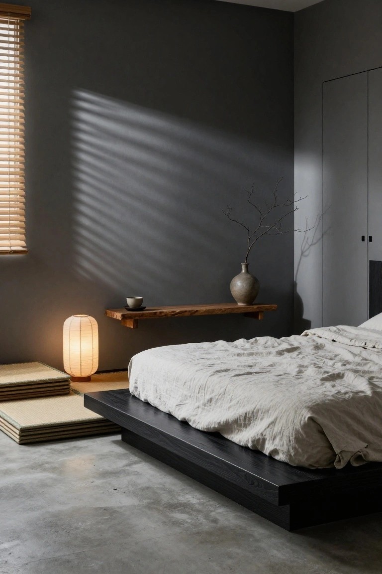 A minimalist bedroom with dark gray walls, wooden slatted blinds letting in striped sunlight, a low black platform bed with white linen bedding, stacked tatami mats on a concrete floor, a rice paper lamp, and a wooden shelf holding a vase with branches and a teacup.