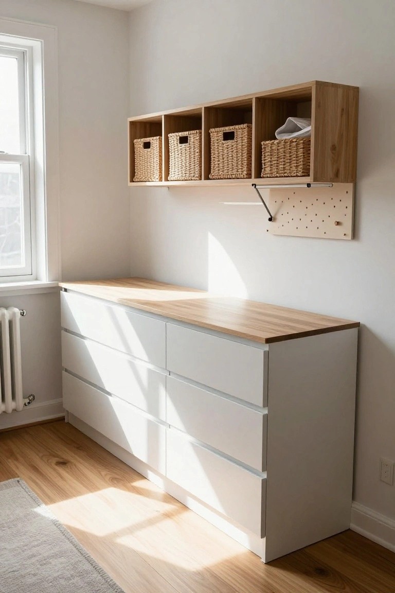 White six-drawer low dresser with oak butcher block top in a sunny bedroom corner, wooden open shelves above holding wicker baskets, pegboard wall panel nearby, window and radiator visible.