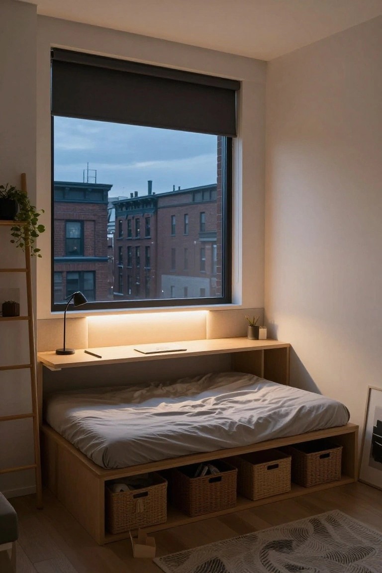 A compact bedroom corner with light wood platform bed integrated with desk surface, under-bed wicker storage baskets, adjustable desk lamp, potted plant on shelf, and large window showing brick buildings at dusk.