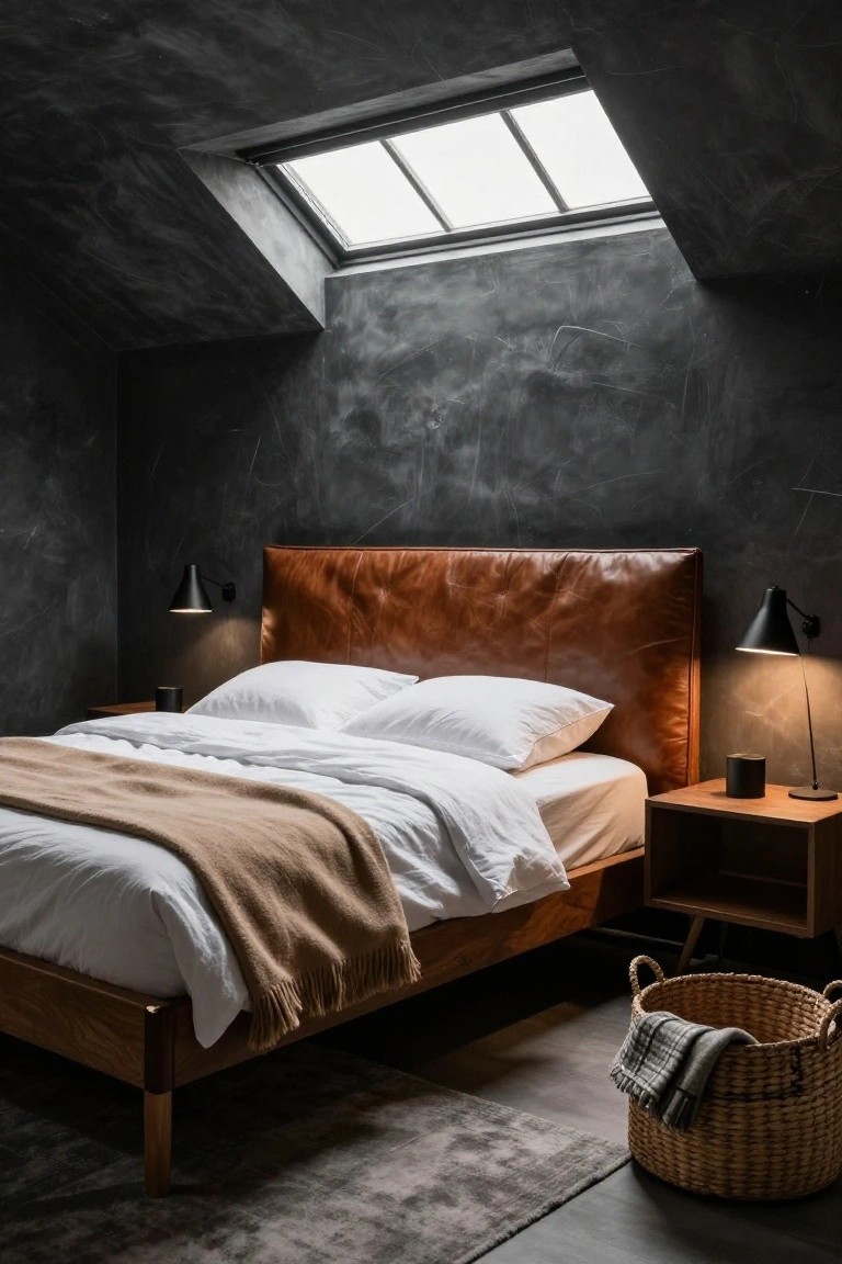 Attic bedroom with dark textured walls, tan leather upholstered headboard on wooden bed, white bedding and tan throw, black lamps on wooden nightstands, wicker basket on floor, and skylight overhead.