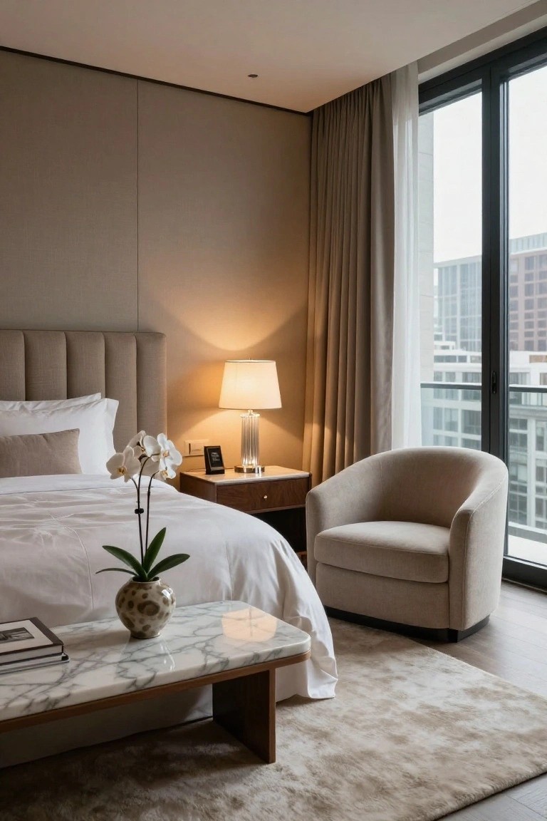 Modern bedroom interior with beige upholstered bed and headboard, white bedding, potted white orchids on bed and marble coffee table, nightstand with lamp, beige armchair, large windows showing cityscape, neutral rug on wood floor.