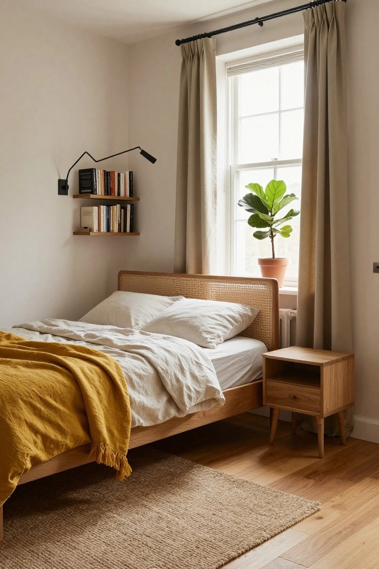 A sunlit bedroom corner with a low wooden bed frame and rattan headboard, white linen bedding draped with a yellow throw, wooden nightstand, wall shelves holding books, potted fiddle leaf fig plant by a window with beige curtains, and seagrass rug on oak floors.