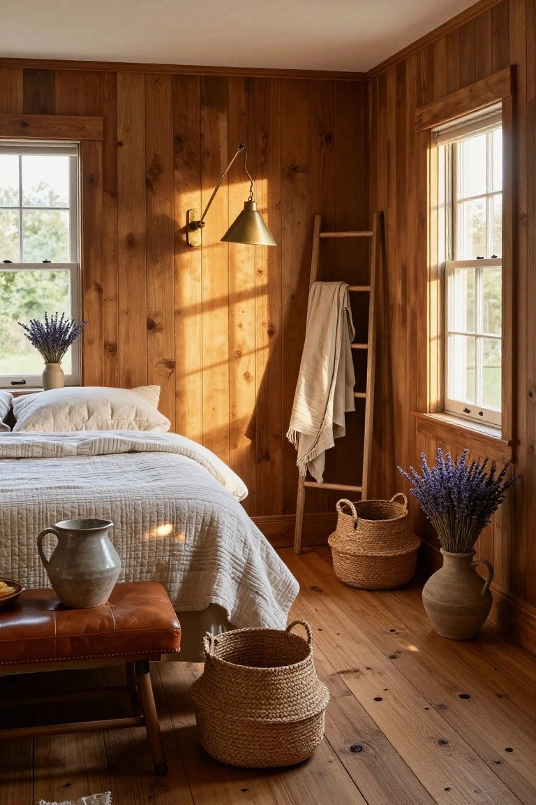 Corner of a wood-paneled bedroom with white quilted bed, pillows, leather bench at foot, wood ladder holding folded towel, wicker baskets, lavender in pottery jugs, brass swing-arm lamp, and double-pane windows with greenery outside.