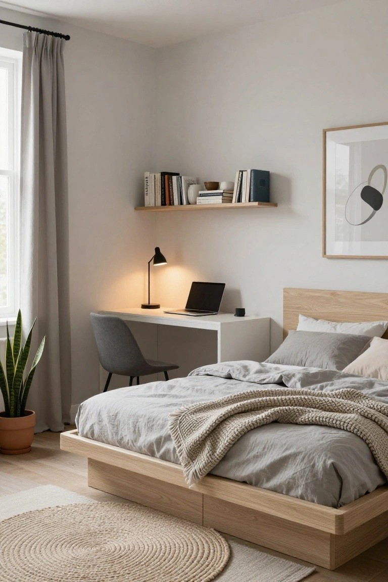 Light oak platform bed with gray linens and knit throw in a neutral bedroom, white corner desk with gray chair, open laptop, black desk lamp, floating wood shelves with books, abstract wall art, potted snake plant, and beige rug on wood floor.
