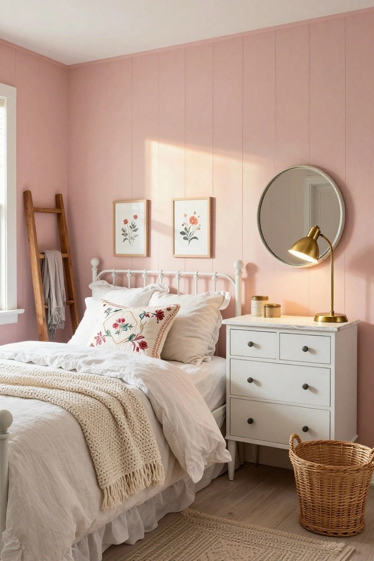 Blush pink shiplap paneled walls in a bedroom with a white metal bed frame, embroidered floral pillows, white dresser, gold desk lamp, round mirror, wooden ladder with towel, and woven basket on hardwood floor.