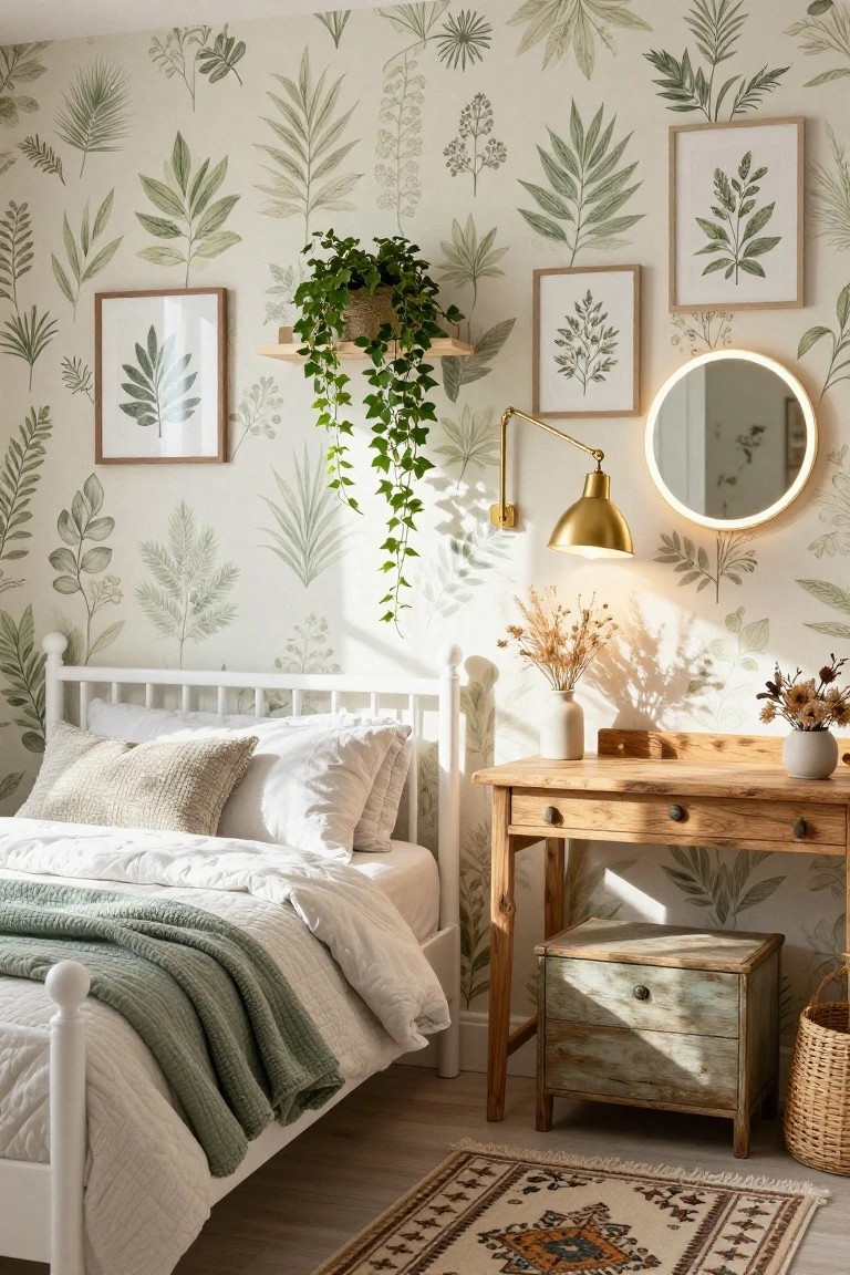 Cozy bedroom with cream wallpaper patterned in watercolor green leaves and stems, white metal bed with pillows and green quilt, wooden desk with vase, hanging potted plant, round lit mirror, and gold lamp.