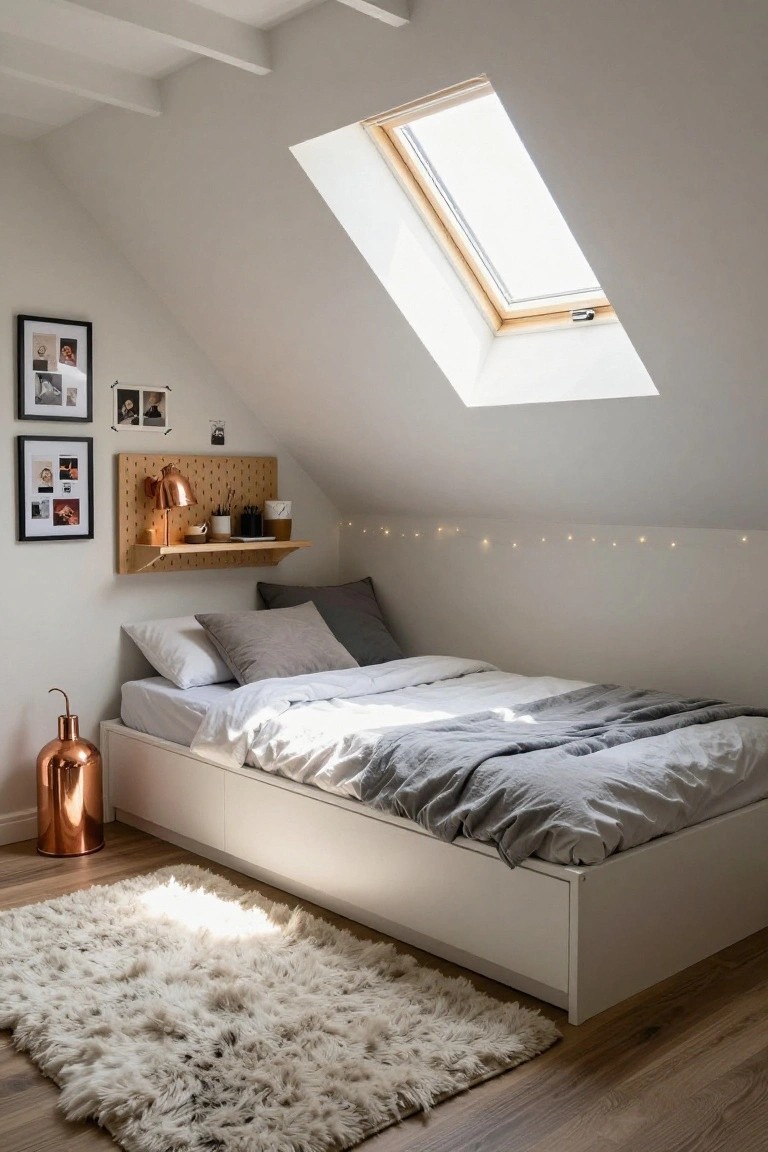 Attic bedroom with sloped white ceilings and skylight, white platform bed with gray bedding and pillows, wooden pegboard organizer with copper lamp and photos on wall, string lights, fluffy white rug, and copper floor lamp on wooden floor.