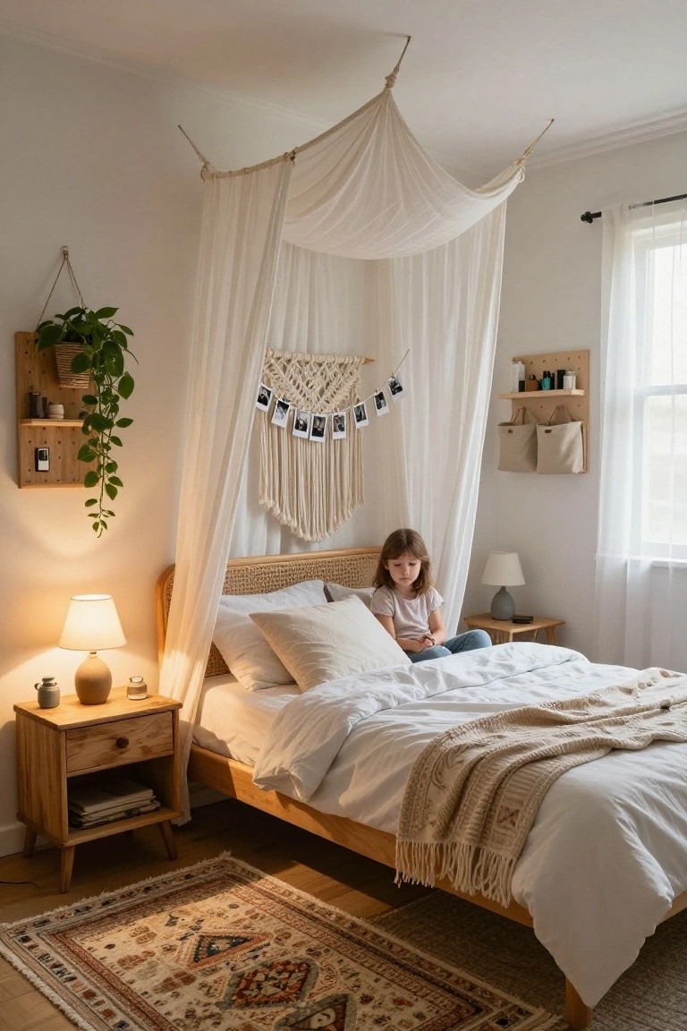 A young girl's bedroom with a rattan bed under a white sheer canopy, macrame wall hanging, potted plants on wooden shelves, wooden nightstand with lamp, and woven rug on the floor.