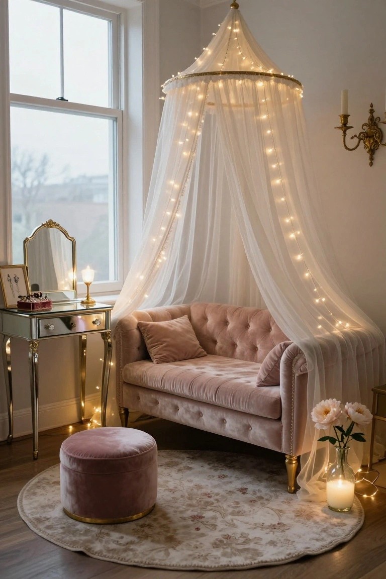 Bedroom corner with golden hoop canopy draped in white sheer fabric and fairy lights over a pink velvet chaise lounge, mirrored vanity table with gold trim, pink pouf, round rug, and candles.