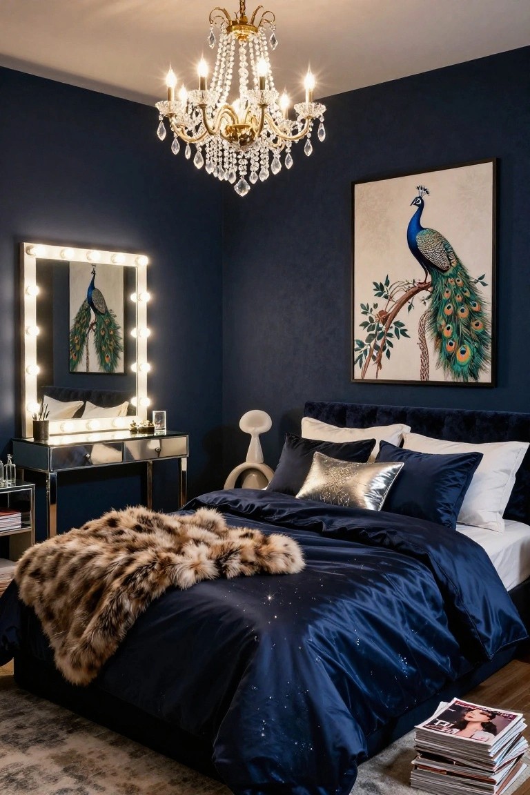 Bedroom corner with dark navy walls, crystal chandelier overhead, large peacock painting on wall, lighted vanity mirror with peacock artwork behind it, glass-top vanity table, and upholstered bed with navy bedding, gold pillows, white pillows, and fur throw.