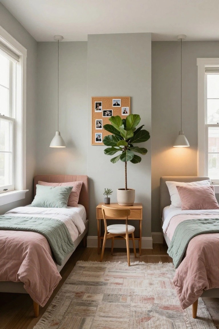Bedroom with two low-profile twin beds covered in pink and green linens, a tall fiddle leaf fig plant between them, wooden desk and chair, corkboard on gray wall, pendant lights, and hardwood floors with a woven rug.