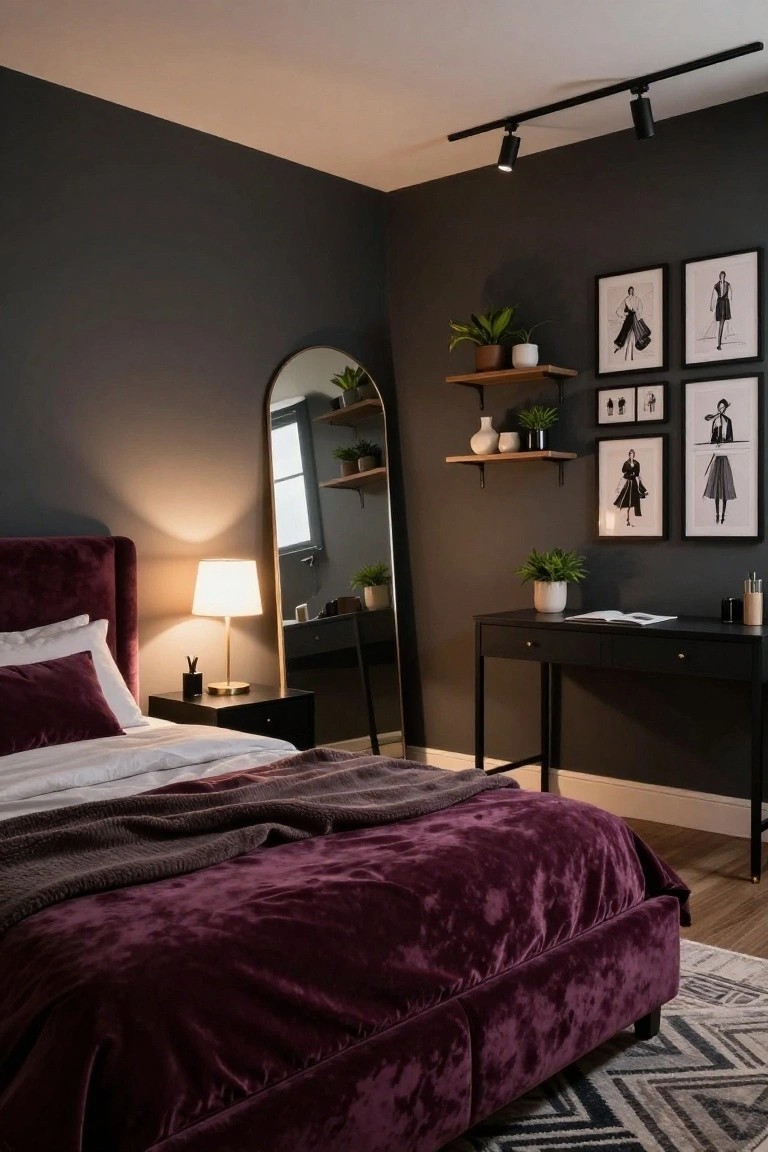 Bedroom interior with deep purple velvet upholstered bed, dark gray walls, arched floor mirror, floating wooden shelves holding plants and ceramics, black metal desk with lamp and open book, white pillows and throw on bed, and black and white fashion illustration prints on walls.