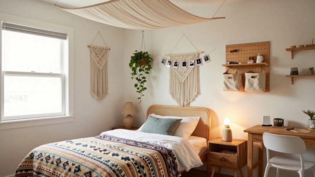 19 Cozy Bedroom Ideas for Teenage Girls They’ll Actually Love A young girl's bedroom with a rattan bed under a white sheer canopy, macrame wall hanging, potted plants on wooden shelves, wooden nightstand with lamp, and woven rug on the floor.