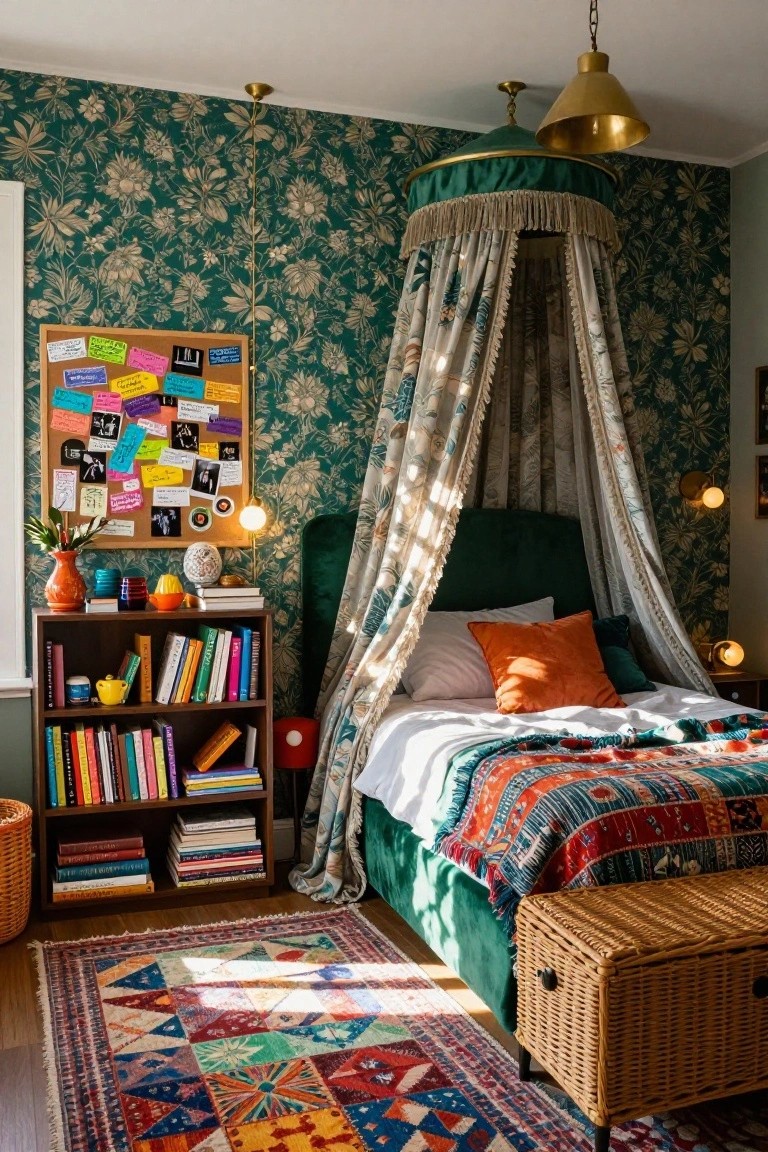 A bedroom with emerald green floral wallpaper, a green velvet canopy bed draped in white fabric, orange pillows, bookshelves filled with colorful books, a corkboard with notes, and a patterned rug on the floor.