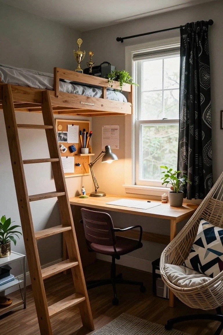 Wooden loft bunk bed with gray bedding above a desk, chair, lamp, bulletin board, plants, trophy shelf, and hanging chair in a gray-walled bedroom with window and black-out curtains.
