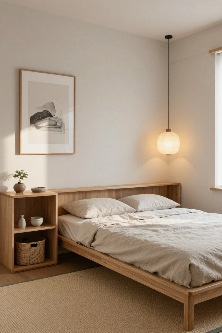 A minimalist bedroom with a low natural wood platform bed, integrated wooden headboard and nightstand shelves holding a vase and basket, beige linen bedding, a hanging paper lantern light, and a large framed abstract artwork on a light wall.