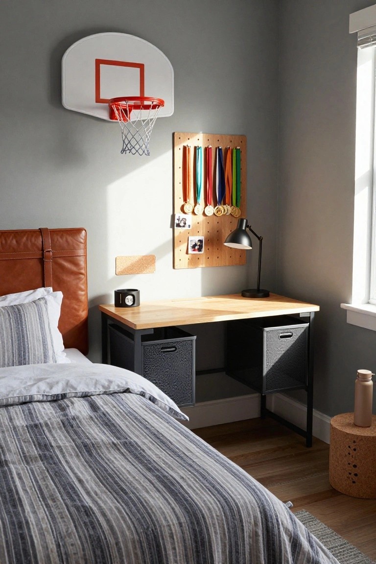 Teenage bedroom featuring gray walls, a wall-mounted mini basketball hoop, a wooden pegboard displaying colorful ribbons and gold medals, a brown leather upholstered headboard on the bed, a light wood desk with black metal frame and storage bins, and a black desk lamp.