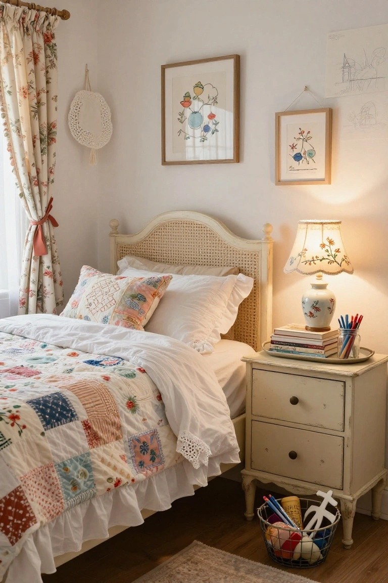 A bedroom with a white rattan bed frame, patchwork quilt on the bed, floral curtains, wall-hung art, a bedside table holding a lamp books and pencils, and a wicker basket on the floor.