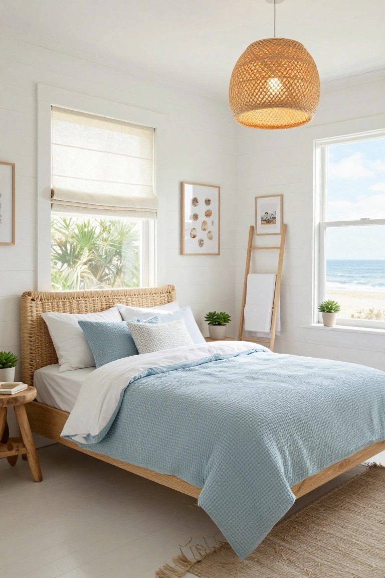 White bedroom with rattan headboard bed covered in light blue quilted bedding and white pillows, bamboo pendant light, wooden side table, plants, ladder rack with towel, and large windows overlooking palm trees, beach, and ocean.