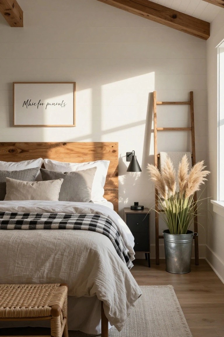 Cozy bedroom interior featuring a wooden headboard, neutral linens with plaid throw, black bedside table, wooden ladder holding a folded blanket and pampas grass in metal bucket by window, and framed sign on white shiplap wall.
