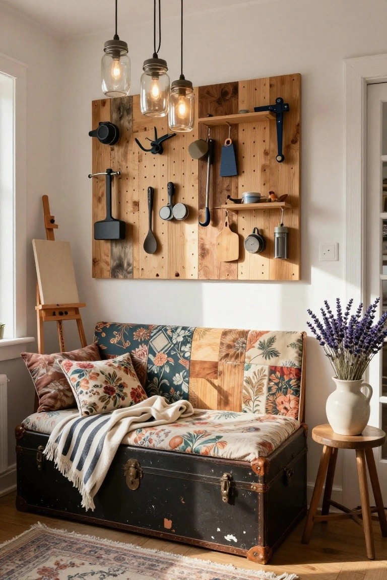 Cozy indoor corner featuring a tall reclaimed wood pegboard wall with hanging kitchen utensils and tools, a black trunk serving as a cushioned bench with pillows and throw blanket, lavender bouquet in a white vase on a wooden stool, and a blank canvas on an easel.