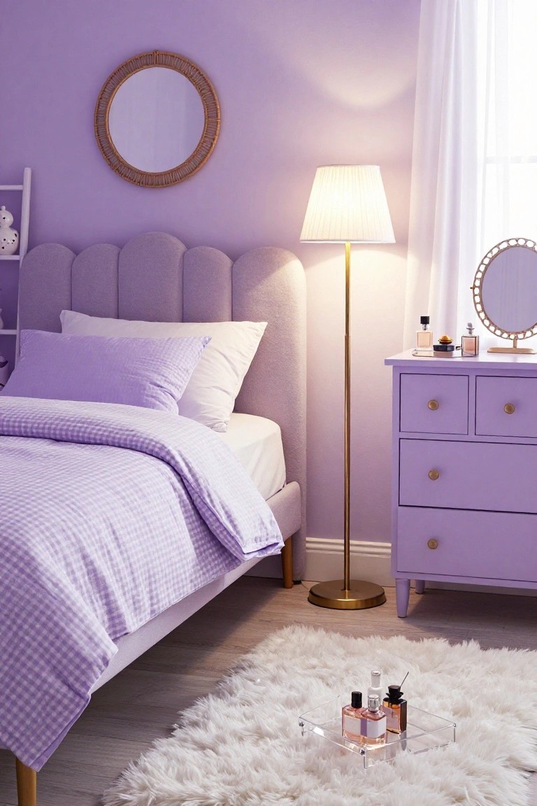 A cozy teenage girl's bedroom with lavender purple walls, tufted grayish-purple headboard, purple gingham duvet on the bed, matching purple dresser topped with perfume bottles, gold floor lamp, rattan mirrors, and white shag rug.