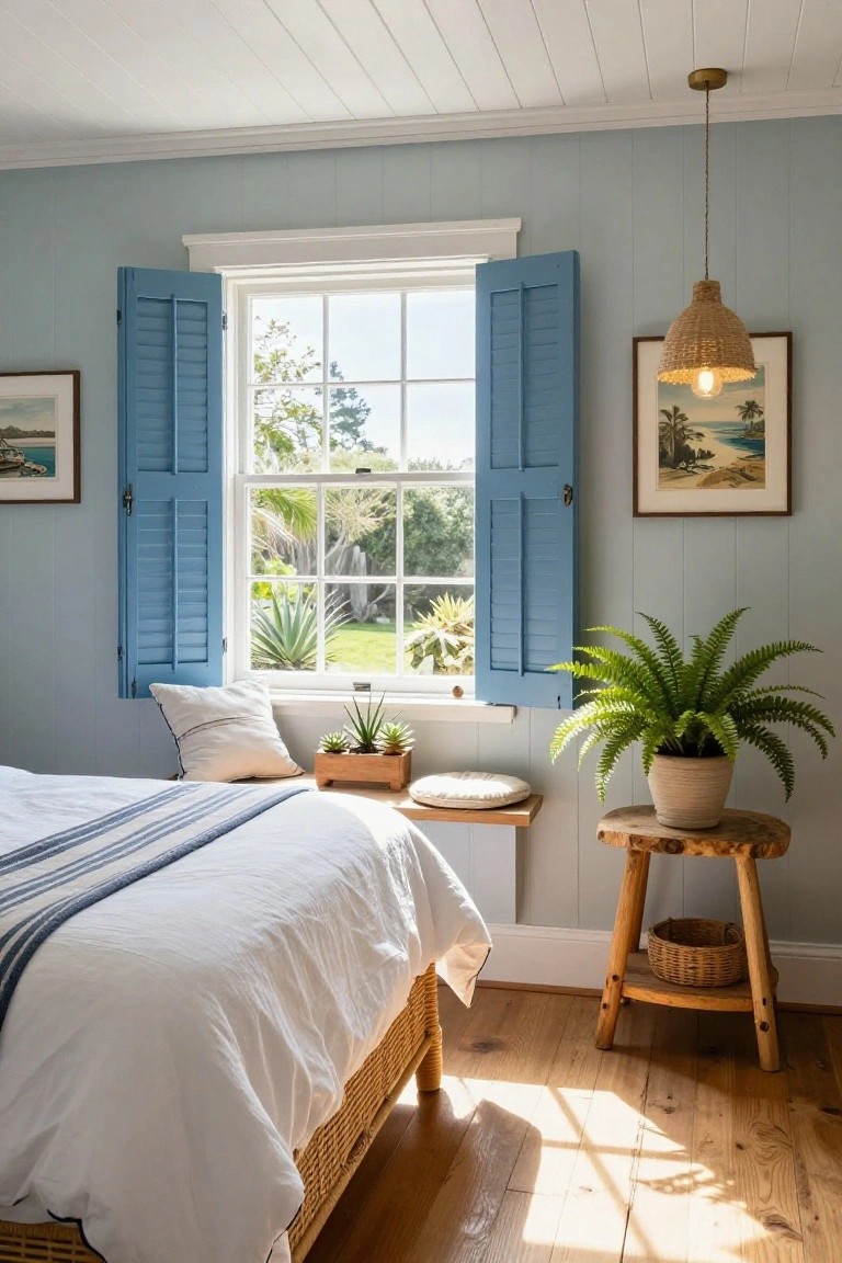 Light blue bedroom with blue shutters open on a large divided-light window overlooking trees and garden, white bed with striped throw and rattan base, wooden planter of succulents on windowsill, potted fern on stump stool nearby, woven pendant light overhead.