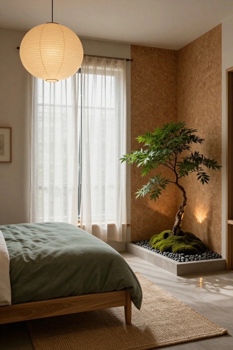 Bedroom interior with a low wooden platform bed covered in green linens, a large hanging paper lantern, sheer curtains over a window, cork panel walls, and a bonsai tree planted in a moss and black pebble garden built into a raised bedside ledge.