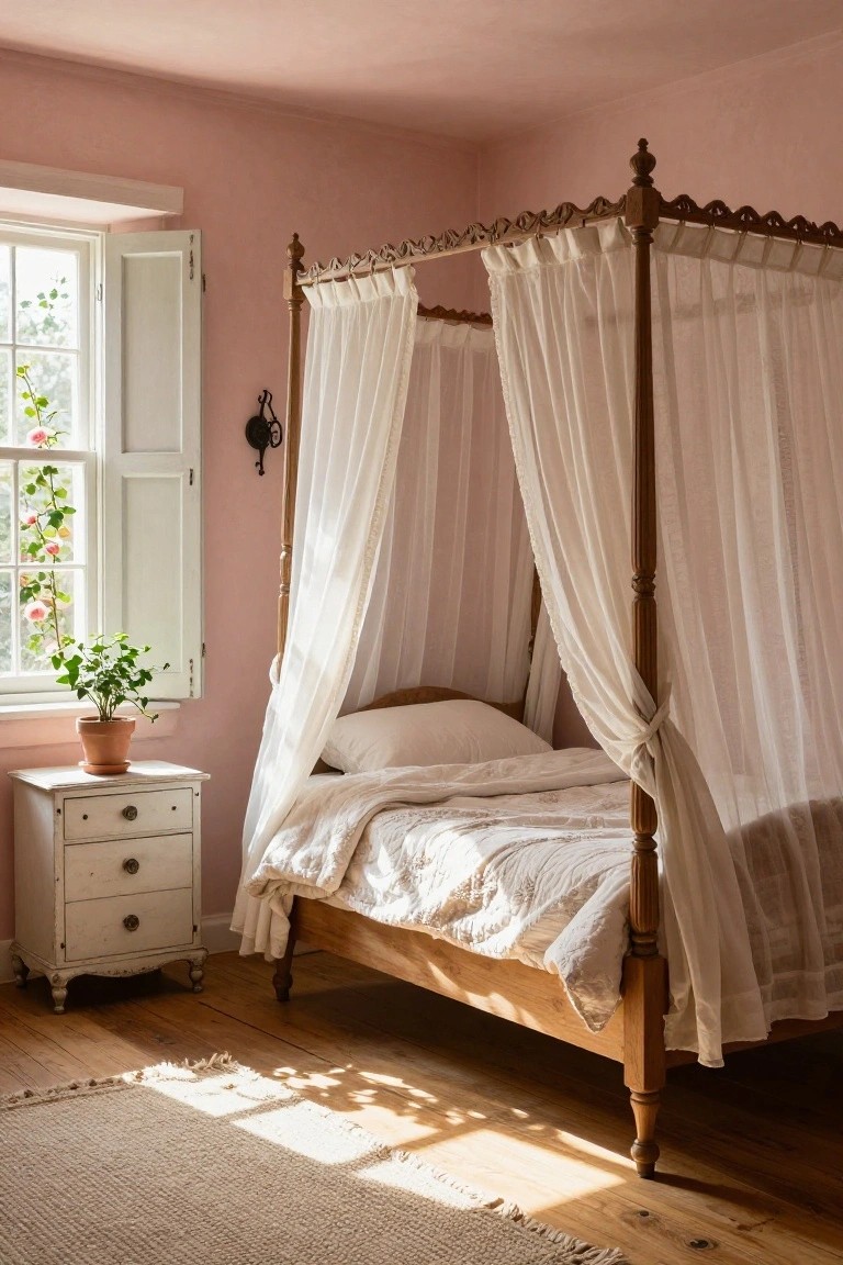 Pink-walled bedroom with wooden four-poster bed draped in white sheer curtains, white nightstand with potted plant, open window with shutters and climbing ivy, and jute rug on wood floor.