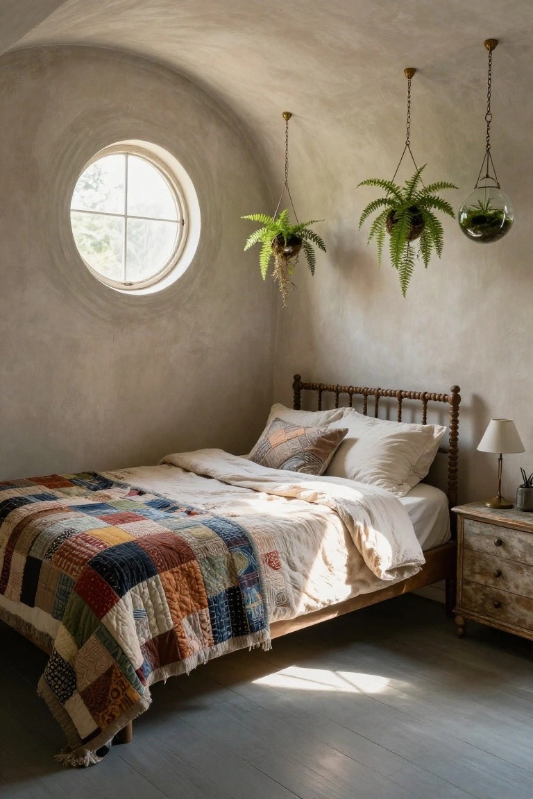 Cozy bedroom interior with beige curved plaster walls and ceiling, wooden bed frame with white linens and colorful patchwork quilt, multiple hanging plants including ferns in baskets and glass terrarium from chains, round window with natural light, side table with lamp, and gray wood floor.