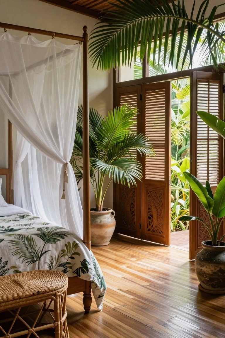 Bedroom interior with a four-poster canopy bed draped in white netting and green leaf-patterned bedding, surrounded by several large potted palm plants, wooden shutters open to a lush outdoor garden, and hardwood floors.