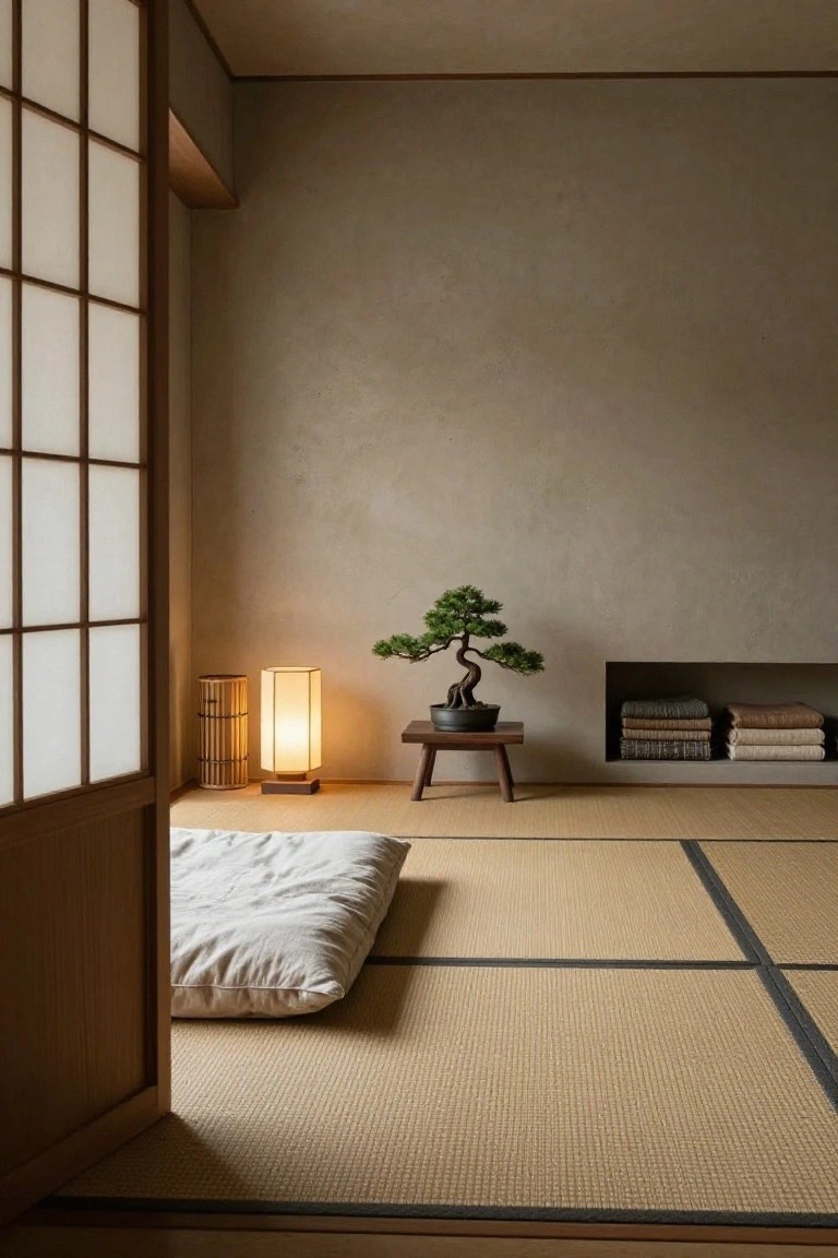 Serene Japanese-style room with tatami mats, bonsai tree, and soft lighting.